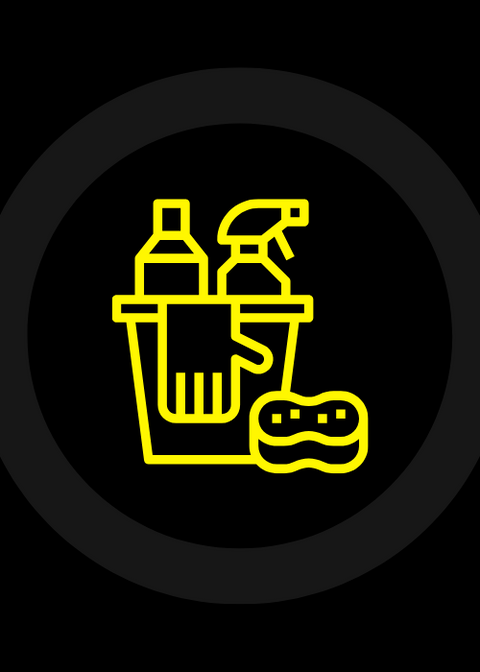 A cartoon picture of a bucket of motorcycle cleaning supplies