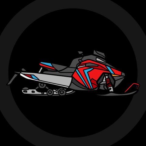 A red and blue snowmobile
