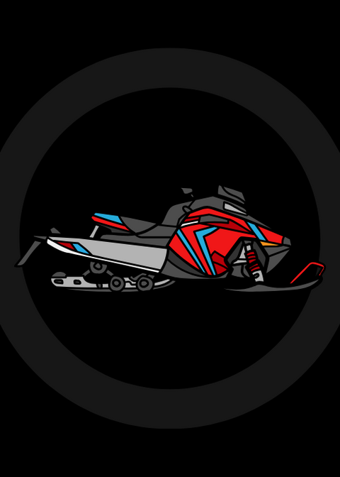 A red and blue snowmobile