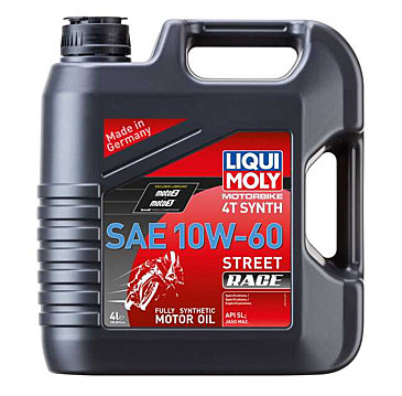 A bottle of LIQUI MOLY full synthetic street race motor oil, labeled SAE 10W-60, in a black container with red and white text.