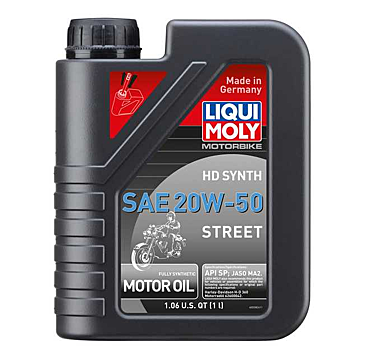 A 1L bottle of LIQUI MOLY HD SYNTH SAE 20W-50 STREET motor oil with product details and branding visible.