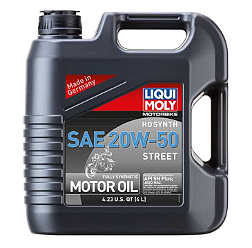 A bottle of LIQUI MOLY HD SYNTH SAE 20W-50 STREET motor oil with product details and branding visible.
