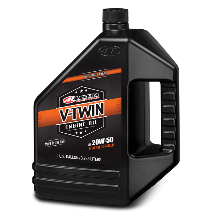 A 3.875L bottle of Maxima Racing V-twin 20W50 Mineral Engine Oil